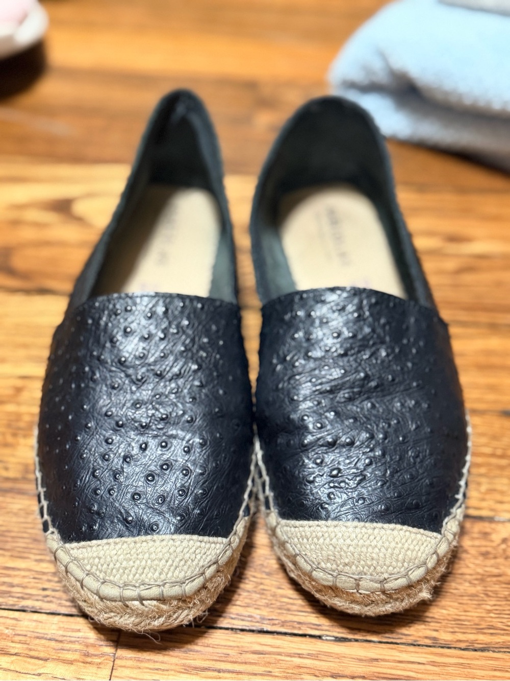 Fabiolas Spain Black Ostrich Leather Espadrilles Flats EU 39 Handmade